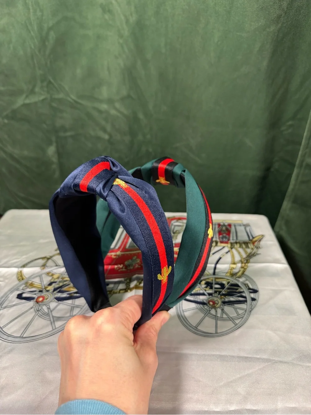 Set of 2 Striped Knot Headbands in Green/Black/Red and Navy/Red
